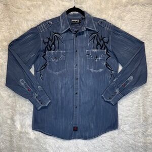 Panhandle Slim 90 Proof Mens Blue Tribal Embroidered Western Snap Shirt Medium